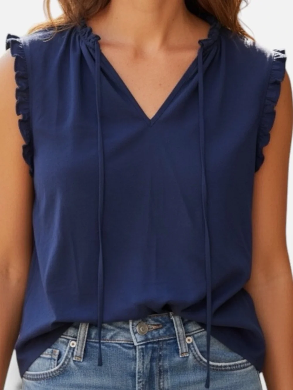 Tory Burch Blue Sleeveless Top with Ruffle Details, navy blue, v neck with ties